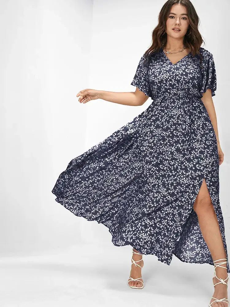 Bloom Dress - Flutter Sleeve Ditsy Floral Pocket Split Maxi Dress