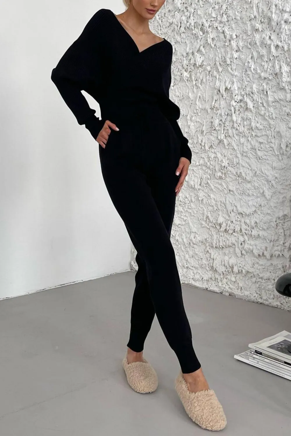 Dolman Sleeves Off Shoulder Ribbed Knit Sweater Pants Suits