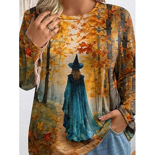 Women's Sweatshirt Halloween Witch Halloween Print Yellow Purple Green Casual Loose Fit Crew Neck Long Sleeve Inelastic Spring Fall