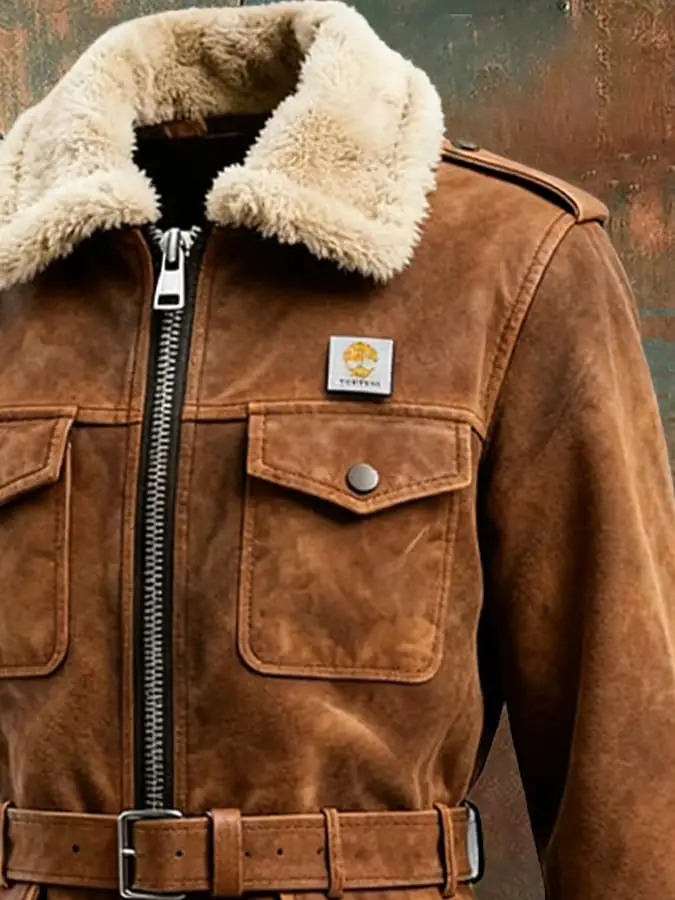 Men's Vintage Suede Plush Jacket (Belt Design)
