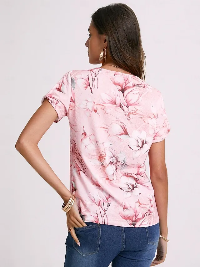 Women's T shirt Tee Henley Shirt Floral Button Cut Out Print Holiday Weekend Basic Short Sleeve V Neck Pink