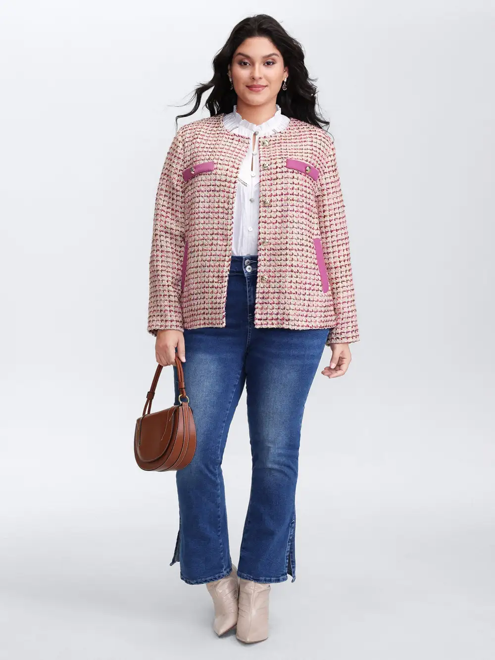 Tweed Lined Color Contrast Pockets Jacket