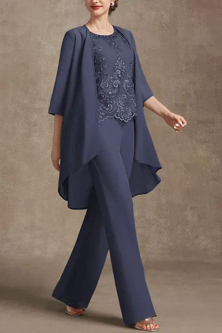 Plus Size Embroidery Chiffon Three Pieces Set Pant Suits