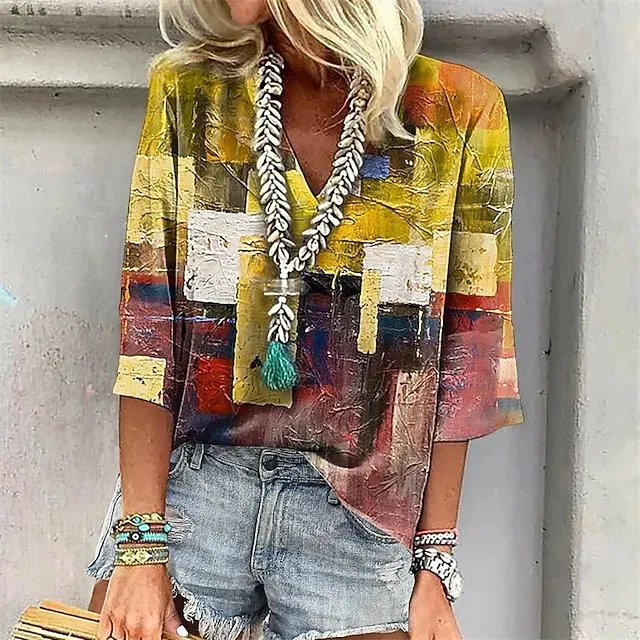 Women's T Shirt Summer Tops Color Gradient Fashion Modern 3/4 Length Sleeve V Neck Regular Tops Daily Print Yellow Pink Blue Summer