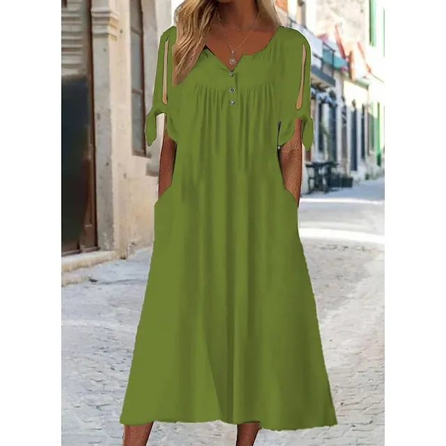 Women's Casual Dress Shift Dress White Dress Midi Dress White Short Sleeve Pure Color Button Summer Spring V Neck Basic Vacation Loose Fit 2023 S M L XL XXL 3XL