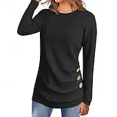 Women's Sweater Pullover Streetwear Casual Solid Color Ribbed Crew Neck Buttons Knitted Long Sleeve Regular Tops Knit Daily Holiday Weekend Black Army Green Fall Winter