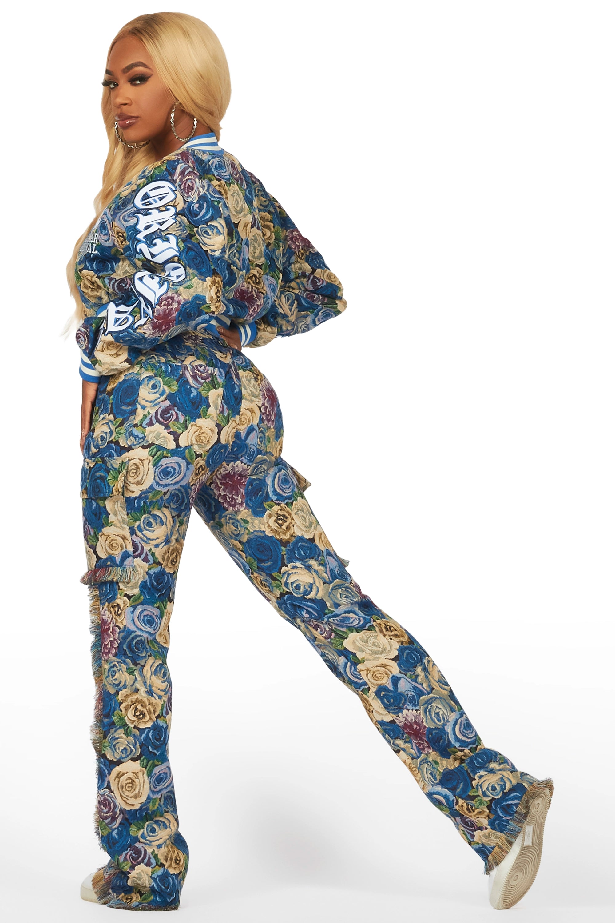 Darresha Blue Crop Tapestry Varsity Jacket