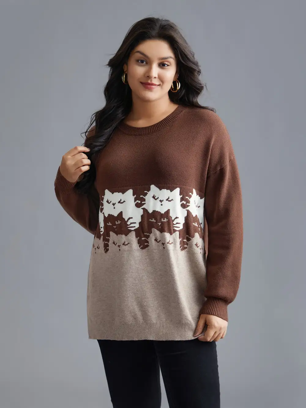 Cat Contrast Drop Shoulder Pullover