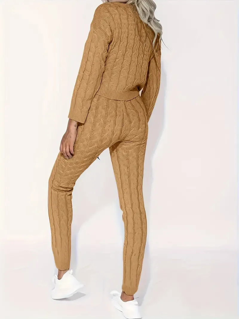 Solid Knitted Matching Two-piece Set, Casual Long Sleeve Sweater & Pants Outfits, Women's Clothing