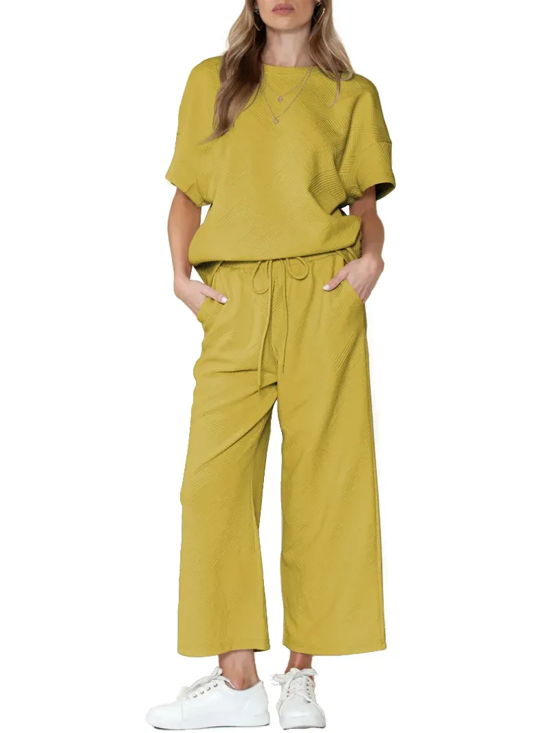 ✨Women's Textured Loose Fit T Shirt and Drawstring Pants Casual Set