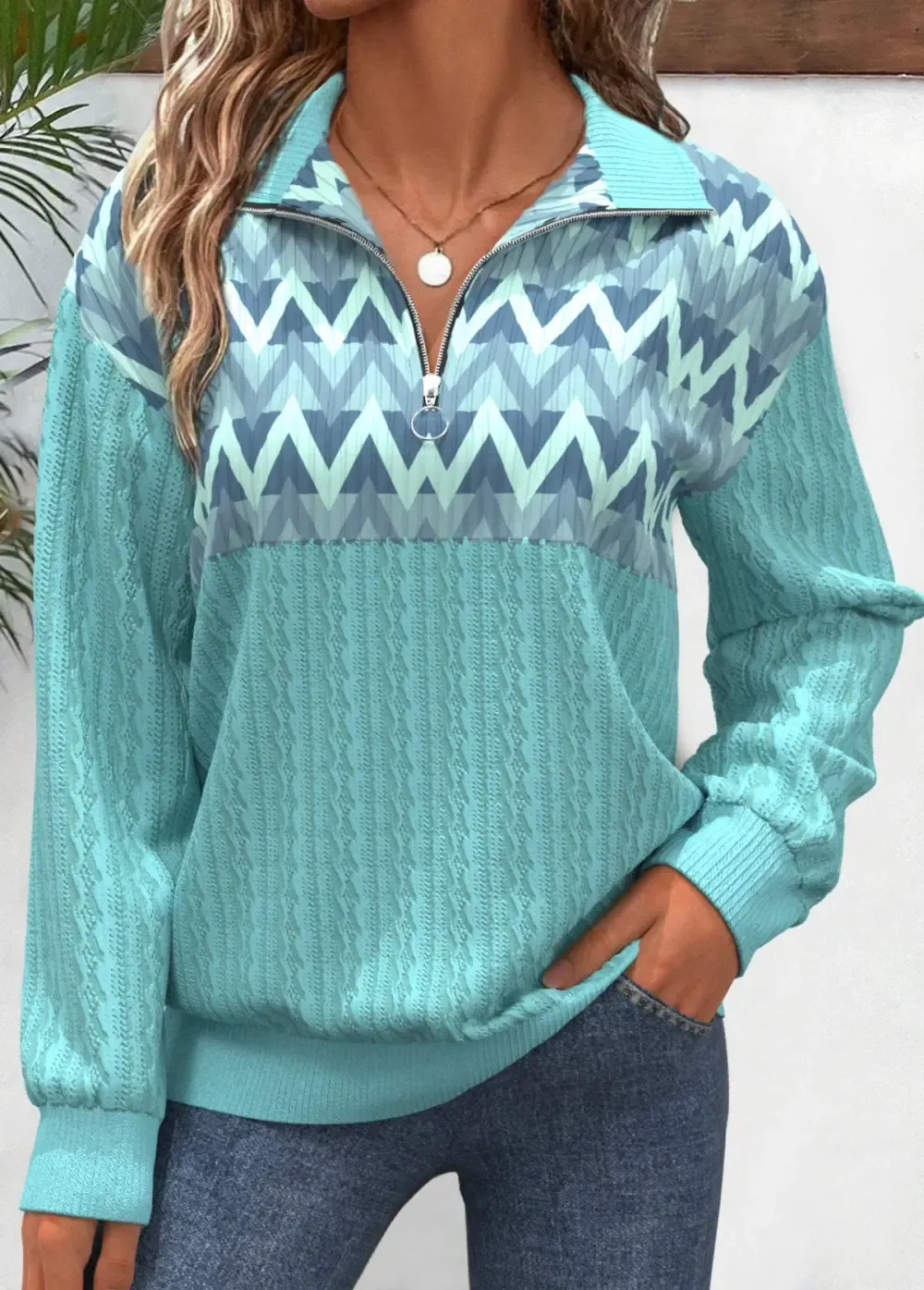 Mint Green Zipper Geometric Print Long Sleeve Sweatshirt