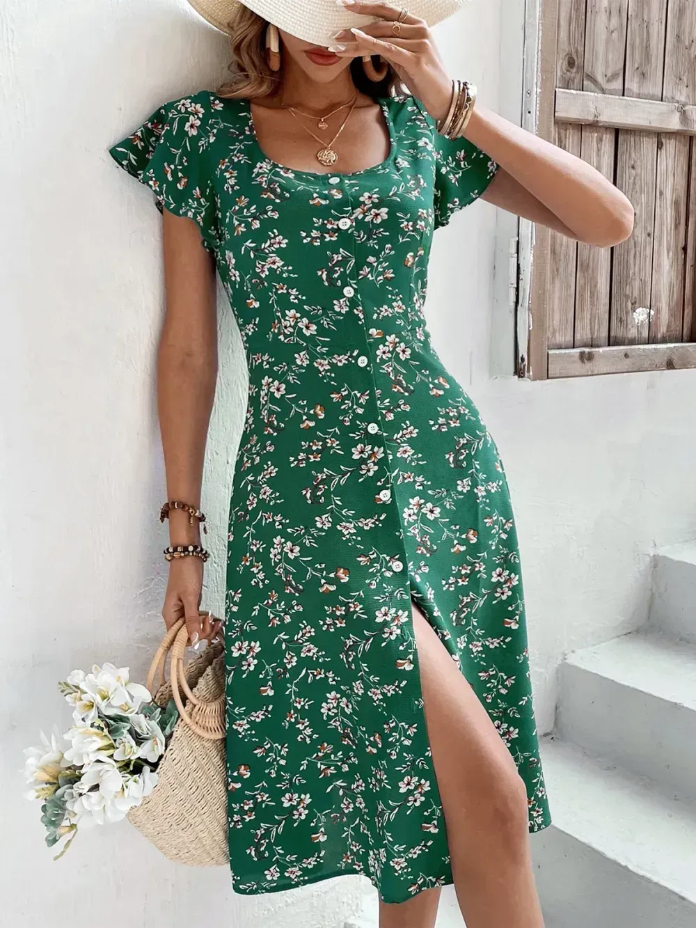 Elegant Regular Fit Ruffled Sleeves Floral Square Neck Dress