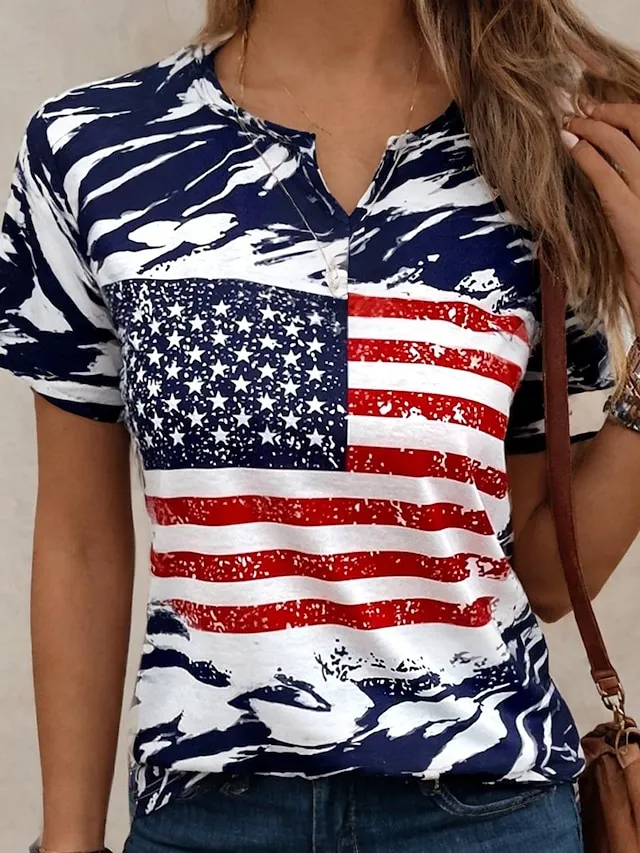 Women's T shirt Tee Flag USA Daily Independence Day Stylish Short Sleeve Crew Neck Navy Blue Summer