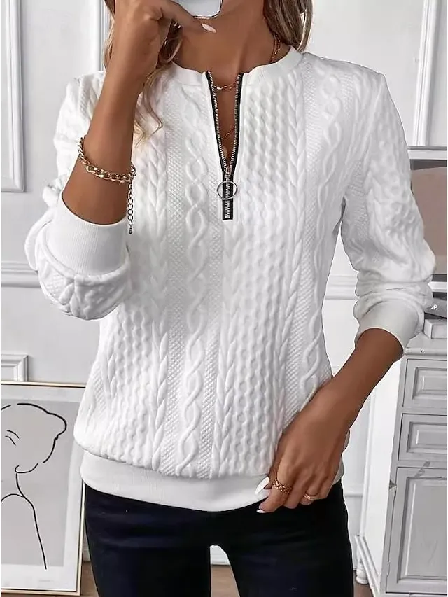 Women's Sweatshirt Plain Work Zipper Black White Pink Elegant Modern Loose Fit Crew Neck Long Sleeve Micro-elastic Spring Fall