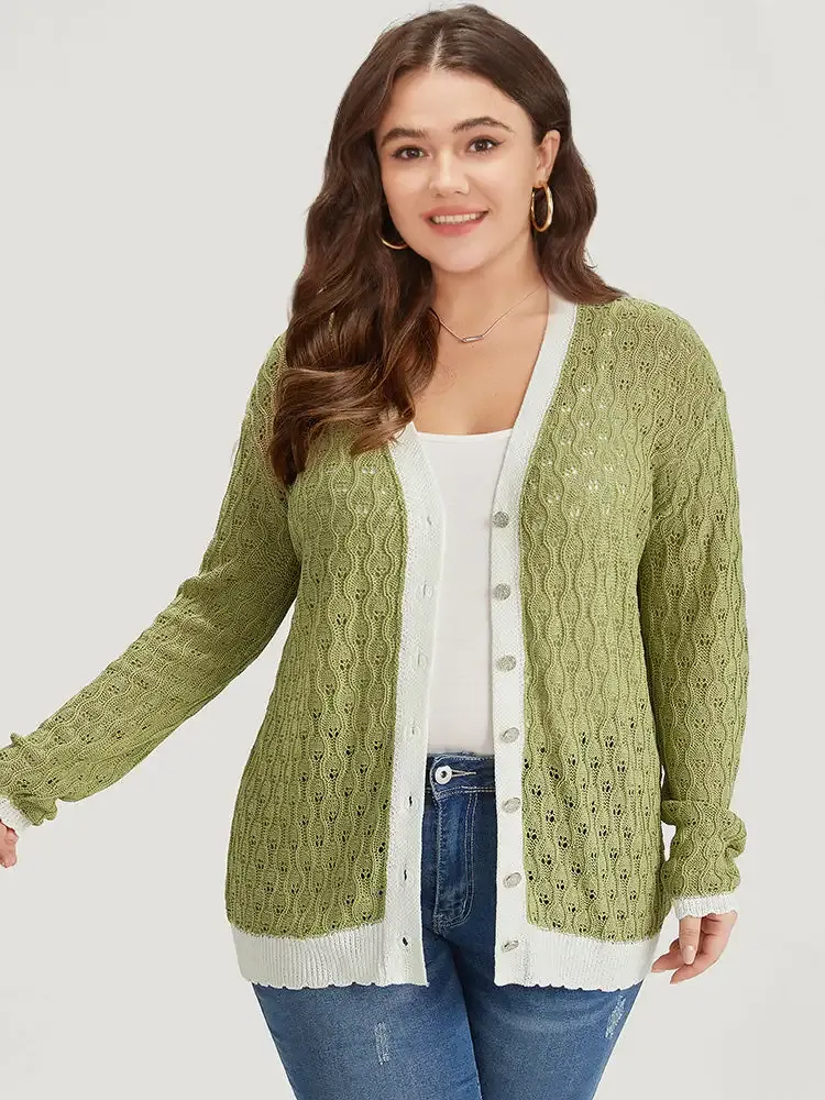 Two Tone Patchwork Cut Out Button Down Cardigan