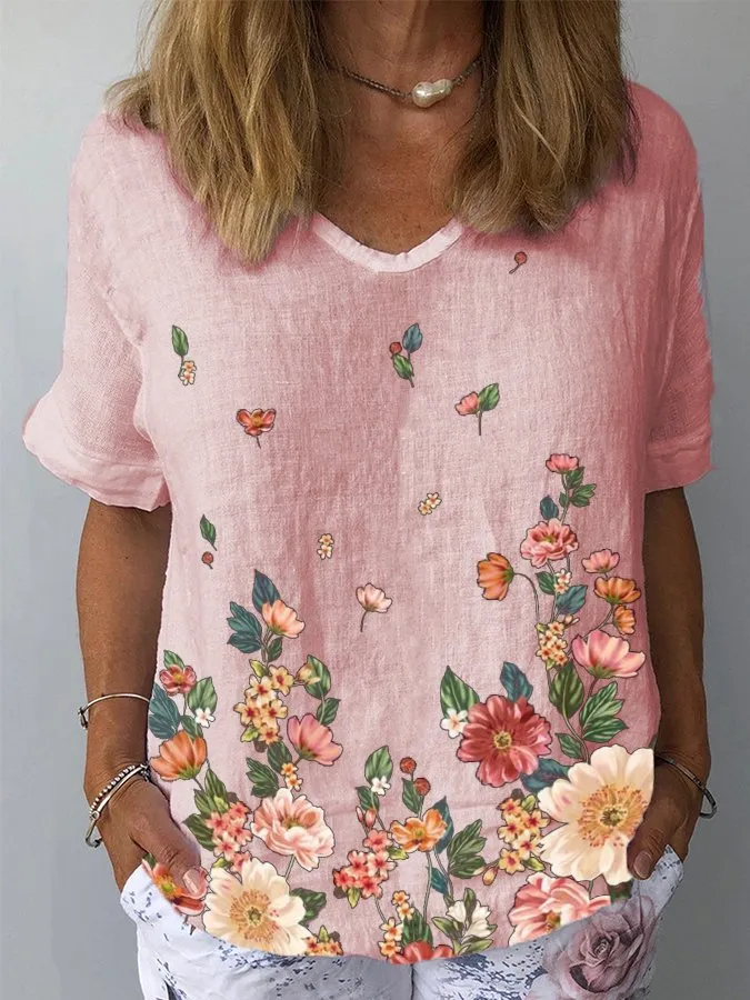 Women's Floral Print Cotton Linen T-Shirt