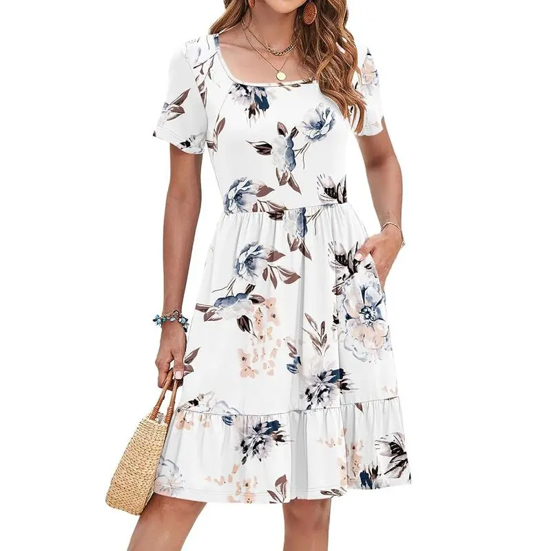 Women’s Ditsy Floral Square Neck A-Line Sundress with Pockets – Short Sleeve, Ruffle Hem