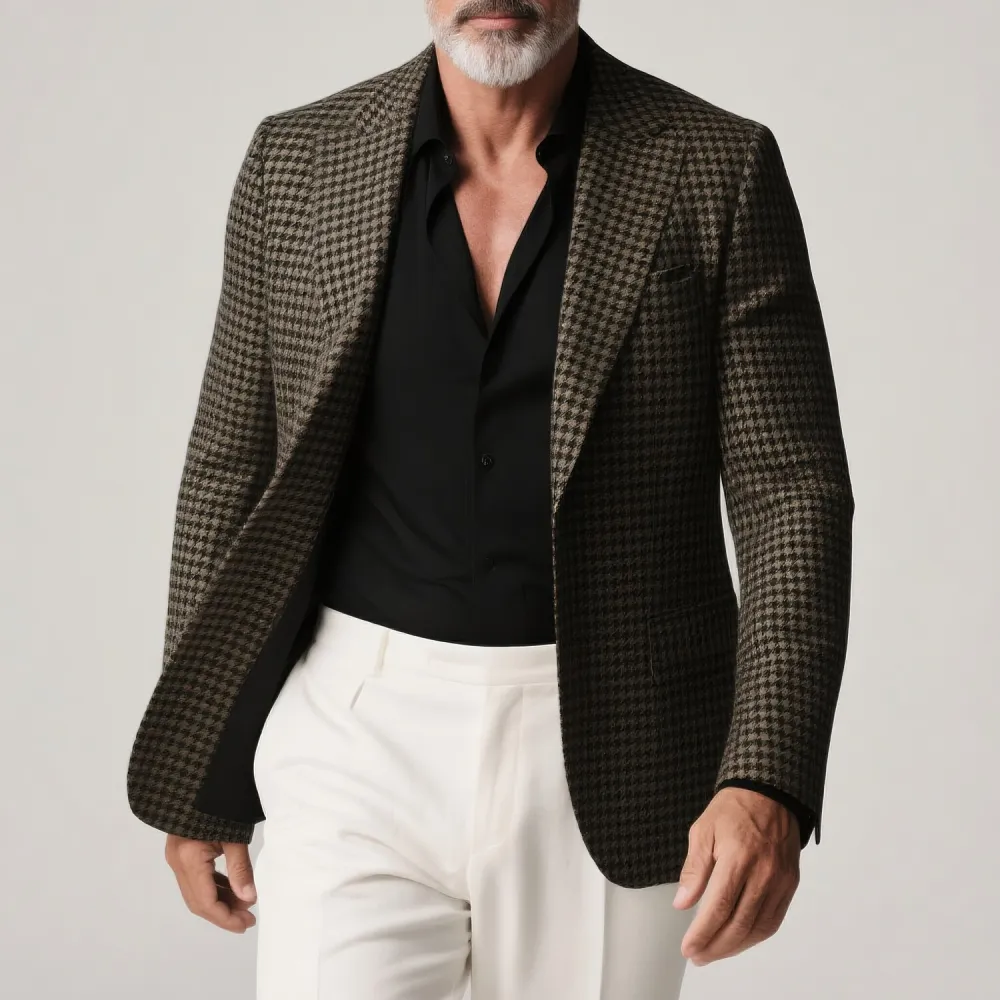 Men's Business Peak Lapel Long Sleeve Button Houndstooth Blazer