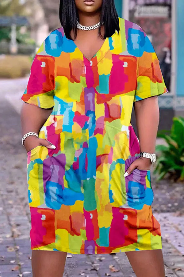 Denim Print Casual V Neck Midi Dress