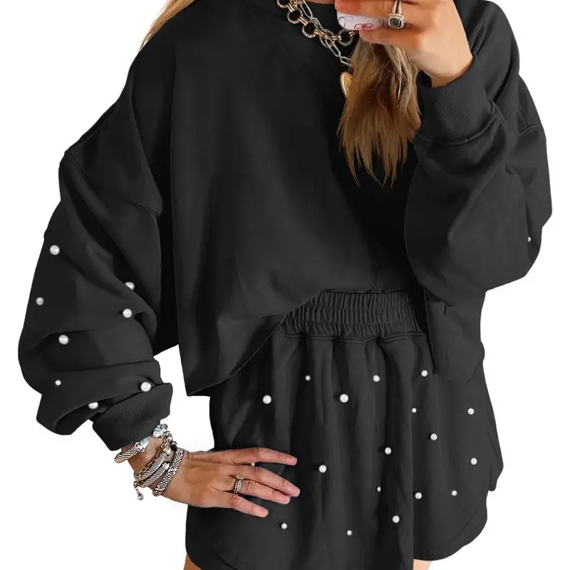 Women's Pearl-Decor Long Sleeve Sweatshirt & Loose Mini Skort 2-Piece Casual Fall Set.