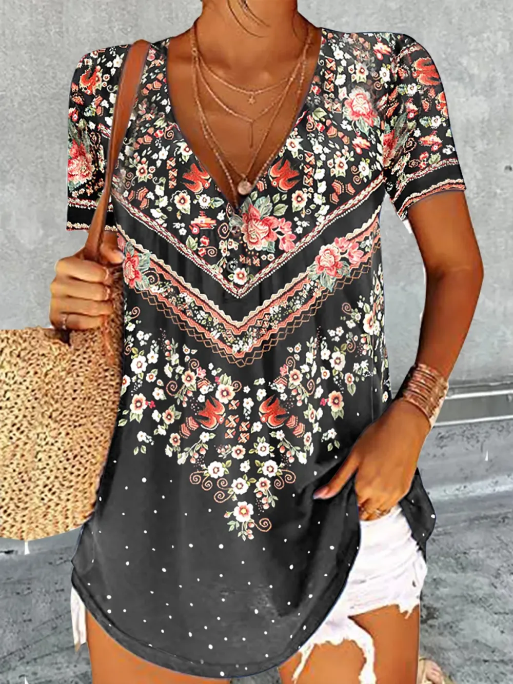 V Neck Tribal Ethnic Design Short Sleeve Tunic Tops