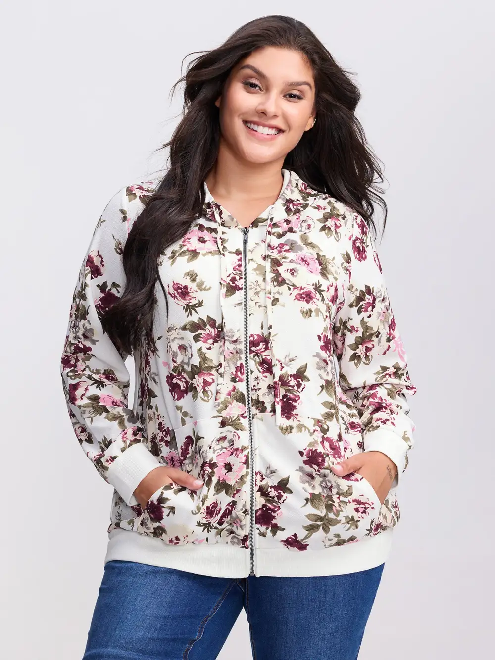 Flower Print Pockets Zipper Jacket