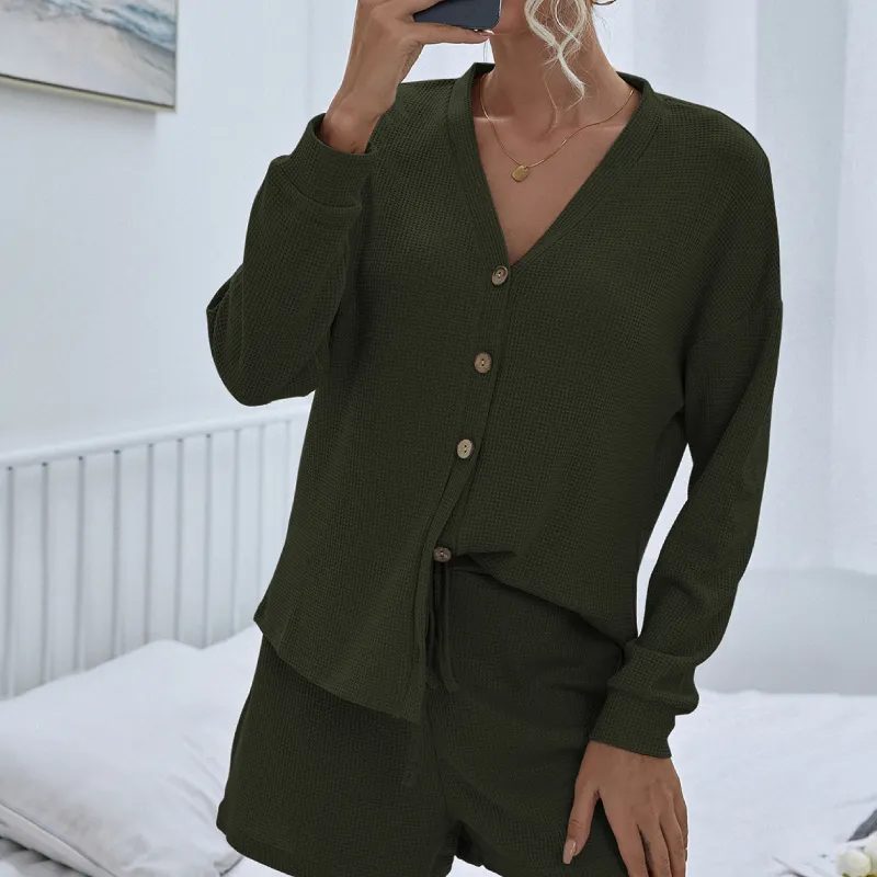 Casual Solid Color Waffle Two-piece Set