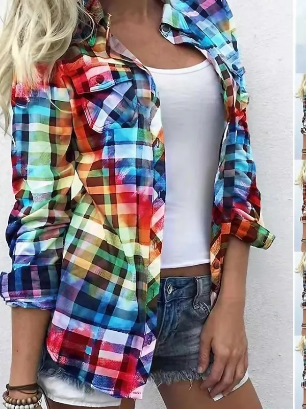 (Fall Clearance Sale🔥）Women's Shirt Blouse Shacket Plaid Color Block Button Print Long Sleeve Daily Weekend Streetwear Casual Shirt Collar Regular