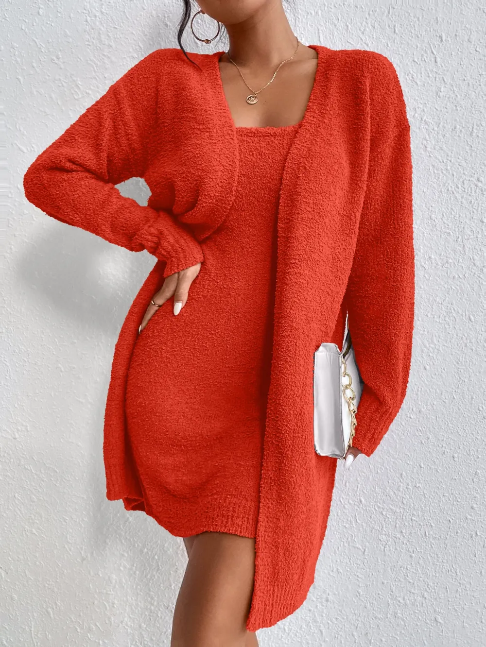 Solid Cami Sweater Dress & Drop Shoulder Cardigan