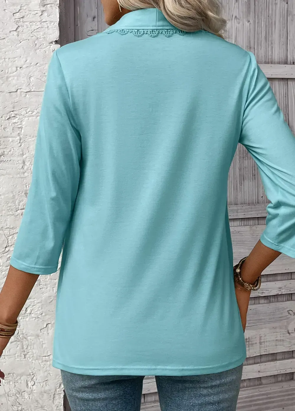 Mint Green Lace 3/4 Sleeve Square Neck T Shirt