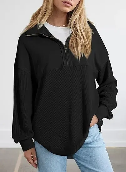 Oversized Waffle Knit Half Zip Pullover Soft Polyester Blend Long Sleeve Sweatshirt