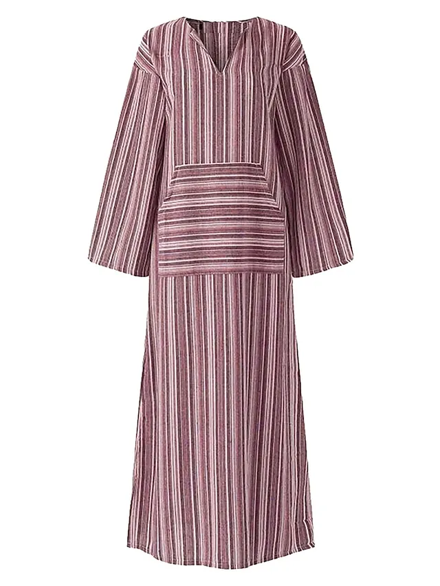 Women's Cotton Linen Maxi Tartan Dress Casual Split Neck Rolled Cuff Long Sleeve Spring Summer