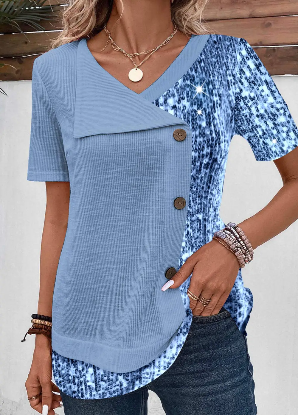 Patchwork Floral Print V Neck T Shirt