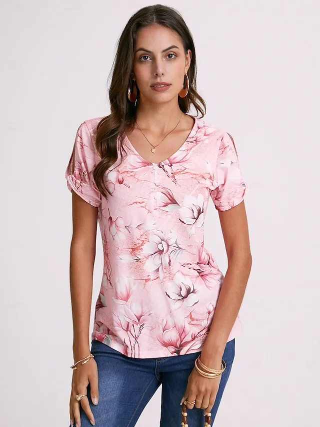 Women's T shirt Tee Henley Shirt Floral Button Cut Out Print Holiday Weekend Basic Short Sleeve V Neck Pink