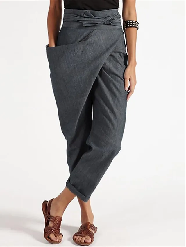 Women's Cotton Loungewear Pants High Waist Irregular Lace-Up Cropped Pants Solid Fashion Simple Casual Cotton Breathable with One Side Pockets Summer Spring Black Navy Blue