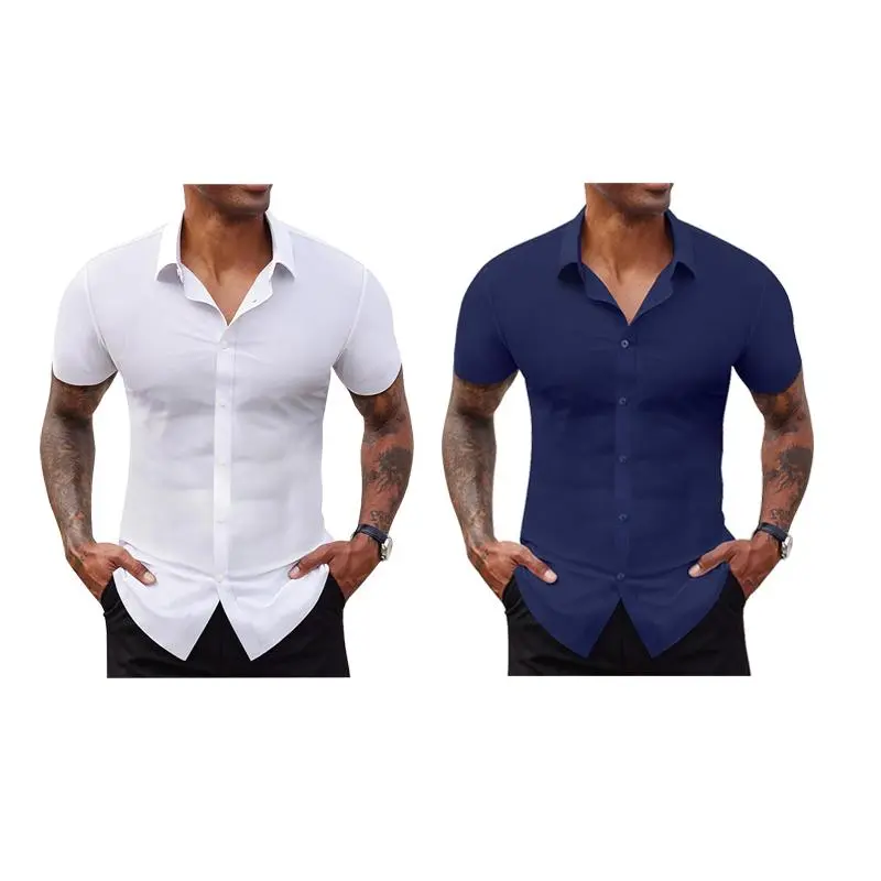 Stretch Dress Shirts for Men Short Sleeve Slim Fit Casual Button Down Shirts Muscle Fit Men's Dress Shirts