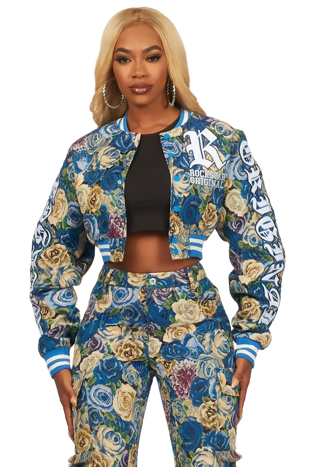 Darresha Blue Crop Tapestry Varsity Jacket