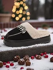 Women's Faux Fur Lined Rhinestone Slippers, Warm Plush Non-Slip Indoor Shoes, Elegant Winter House Footwear for Holiday Comfort