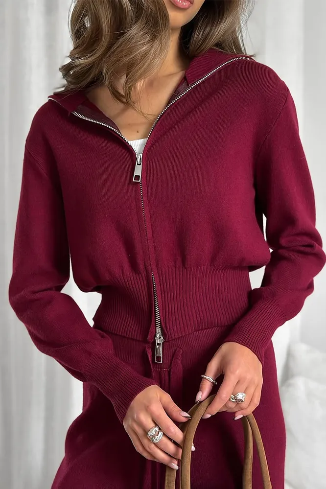 Women's Solid Color Knitted Zipper Top & Pants Two Piece Set