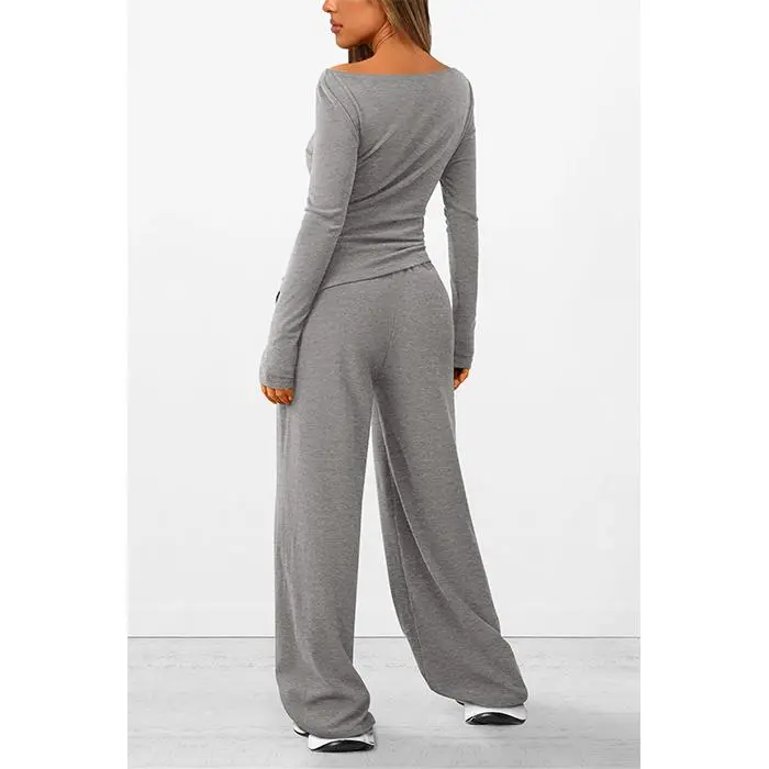 Women's 2-Piece Lounge Set – Asymmetrical Long Sleeve Top & Wide-Leg Pants, Casual Minimalist Tracksuit