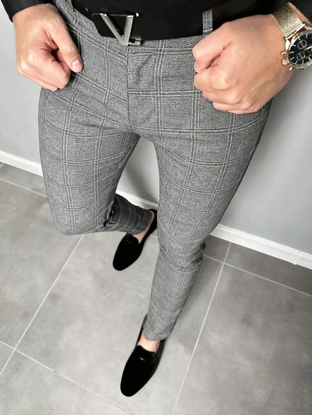 Men's Plaid Button-Fly Slim Trousers (Pocket Design) - Work/Daily, All Seasons