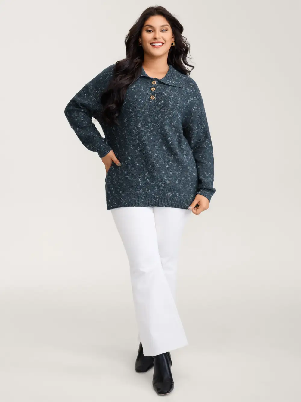 Heather Polo Collar Button Pullover