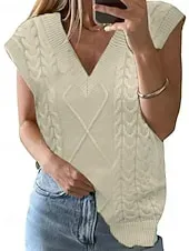 Women's Sweater Sweater Vest Streetwear Casual Solid Color Cable V Neck Knitted Sleeveless Regular Tops Knit Daily Holiday Weekend Wine Red Black Spring Fall