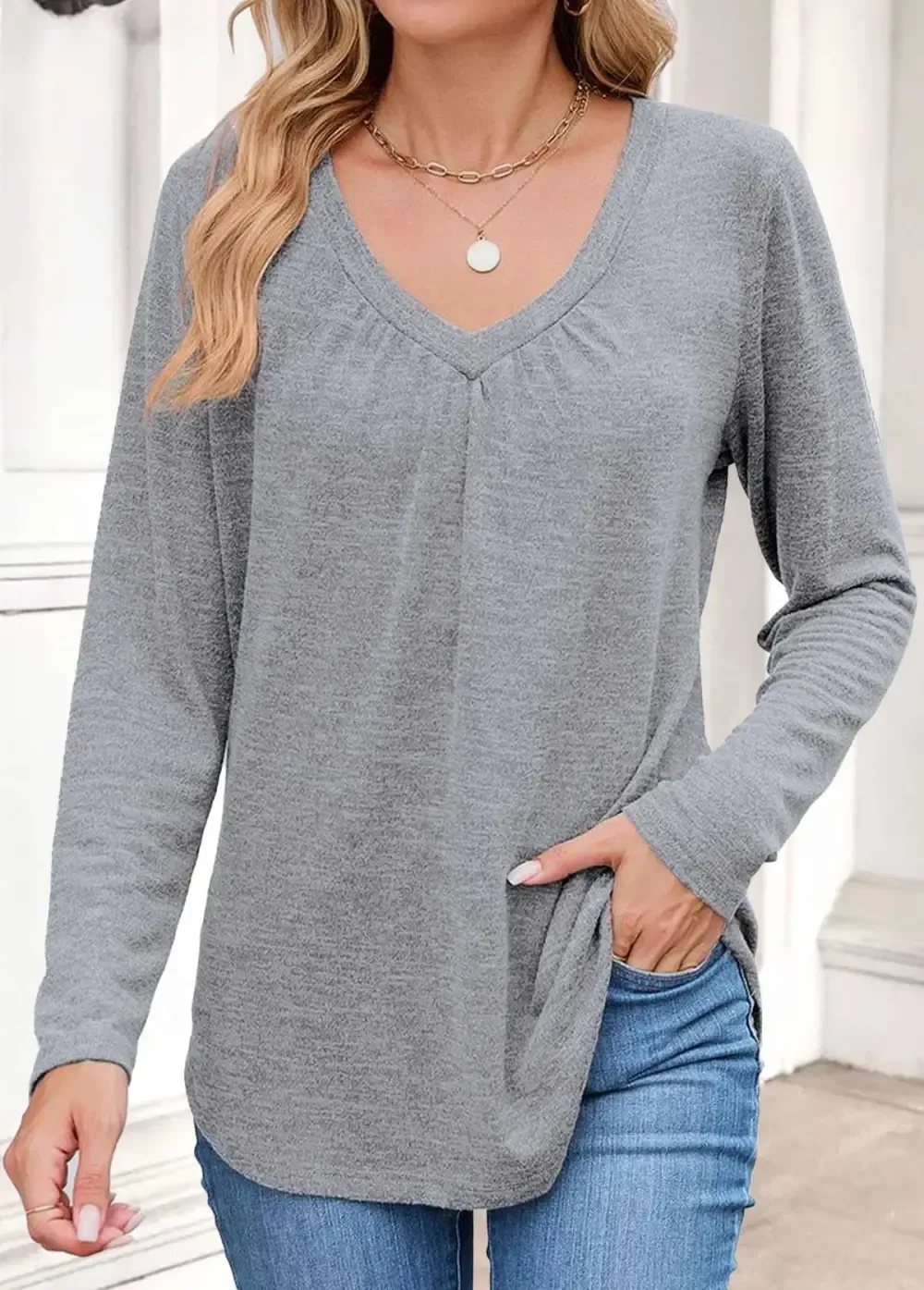 Grey Tummy Coverage Long Sleeve V Neck T Shirt