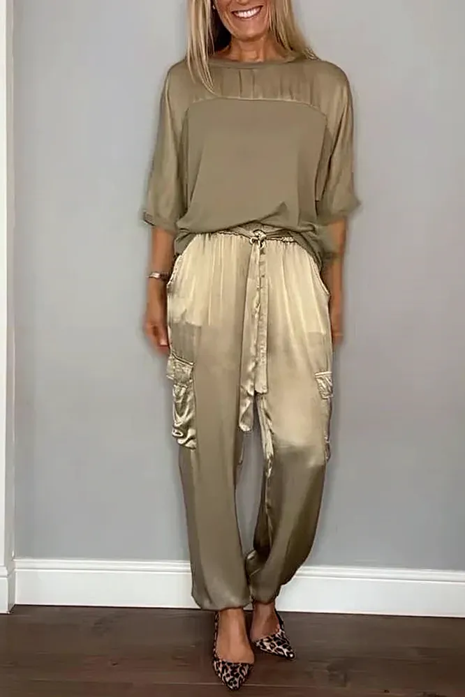 Women's Smooth Satin Half-sleeved Top and Pant Suit Two-piece