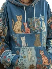Women's Pullover Hoodie Sweatshirt Graphic Geometric Cat Punk Active Vintage Long Sleeve Hooded Regular Tops Street Dailywear Print Front Pocket Blue Spring Fall Winter
