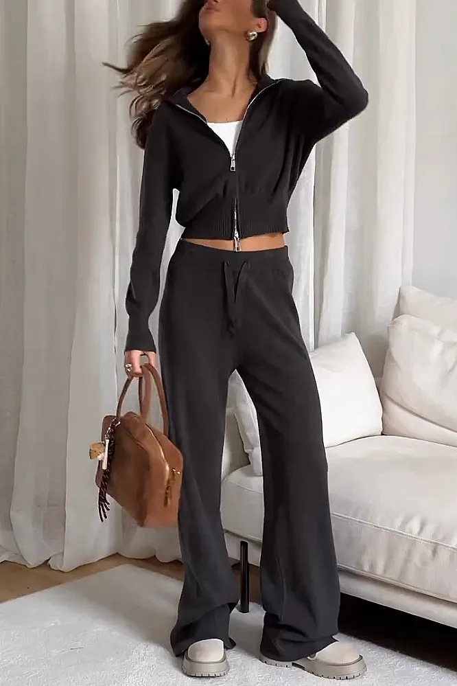 Women's Solid Color Knitted Zipper Top & Pants Two Piece Set