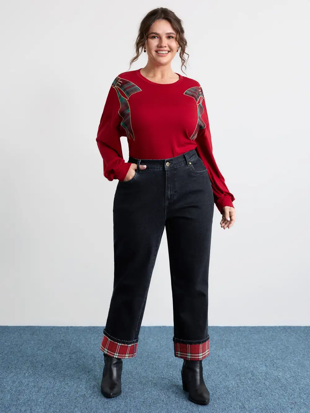 Stretchy Plaid Straight-Leg Jeans