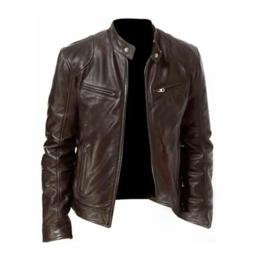 Mens Leather New PU Coat Stand Collar Leather Jacket