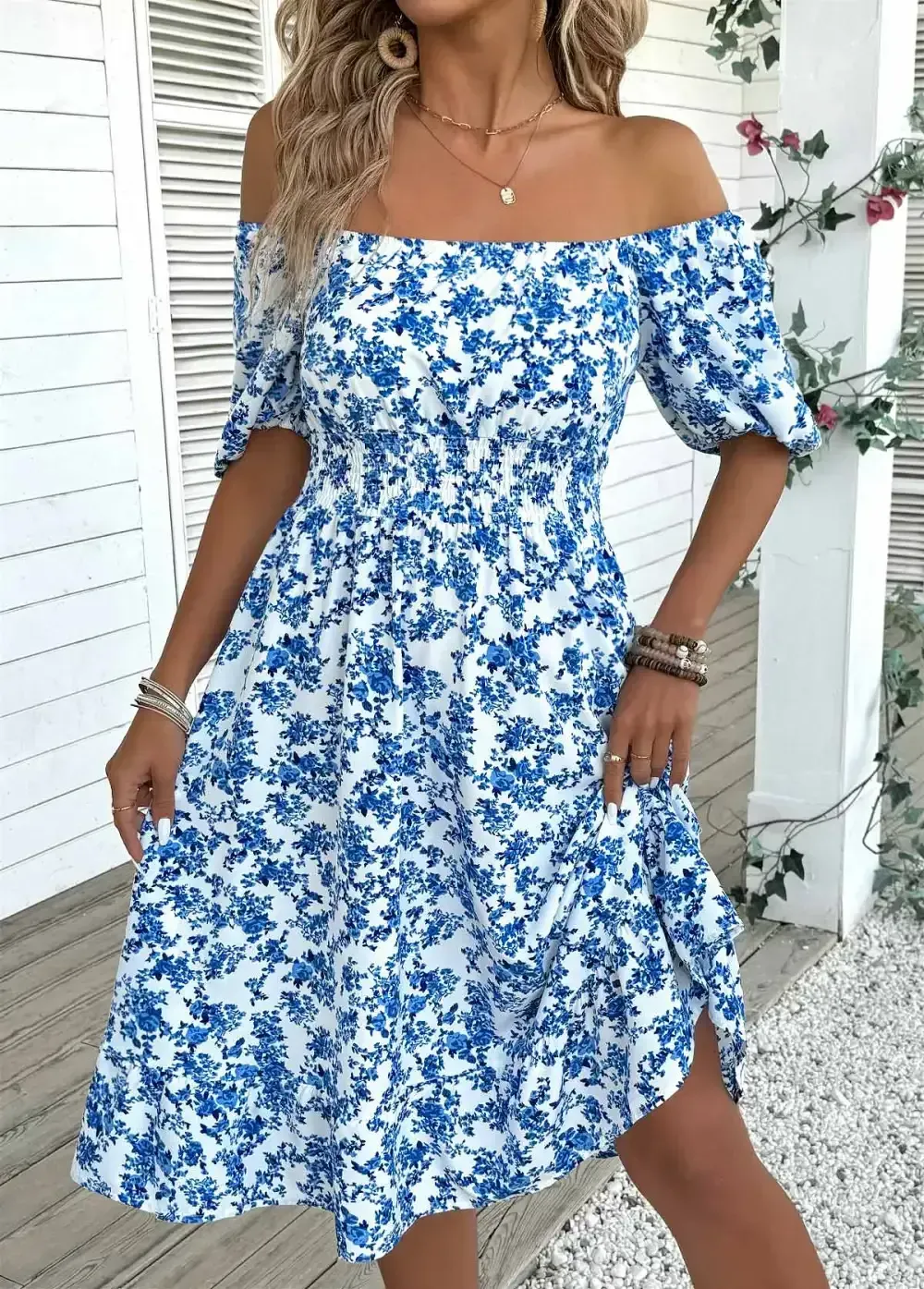 Blue Ditsy Floral Print Short Sleeve Off Shoulder Dress